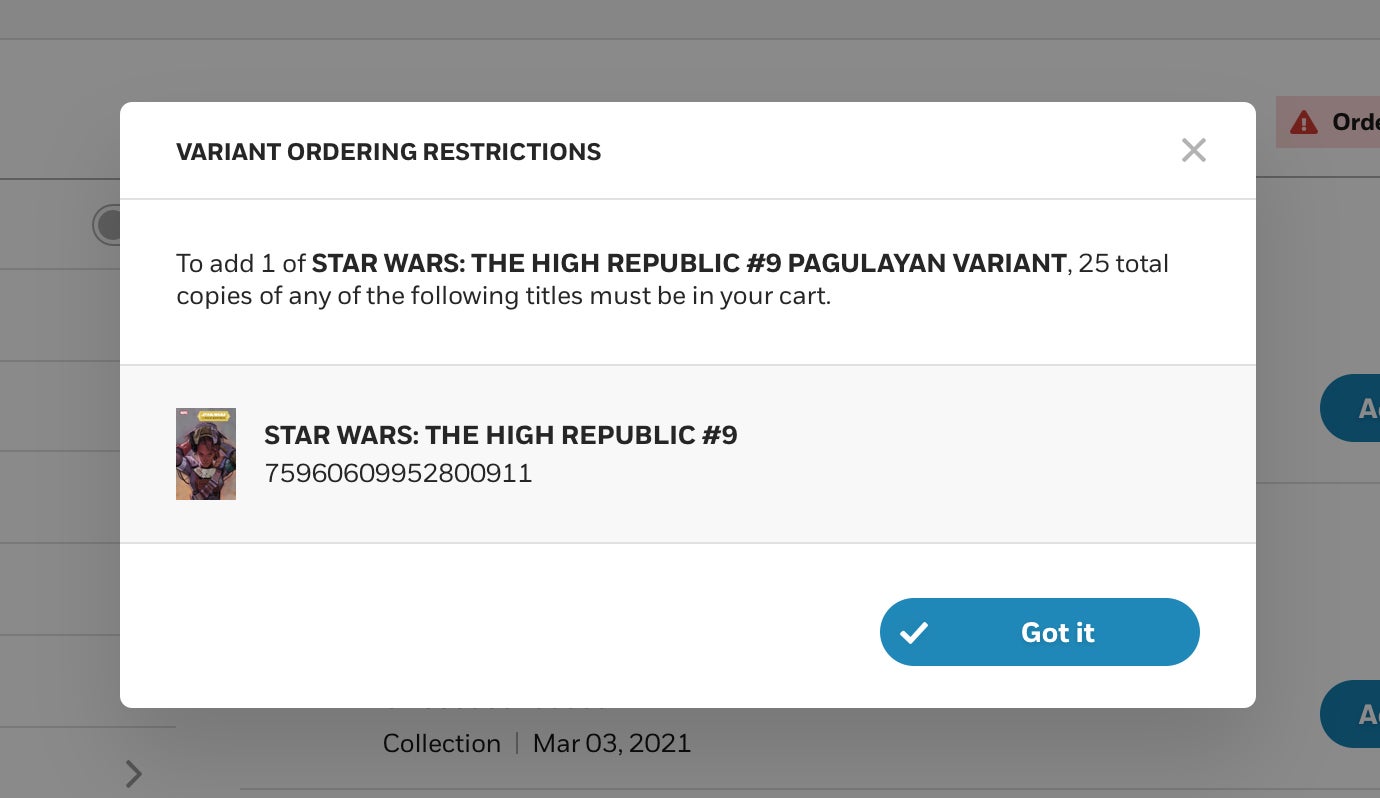 Window showing the ordering restrictions for a variant