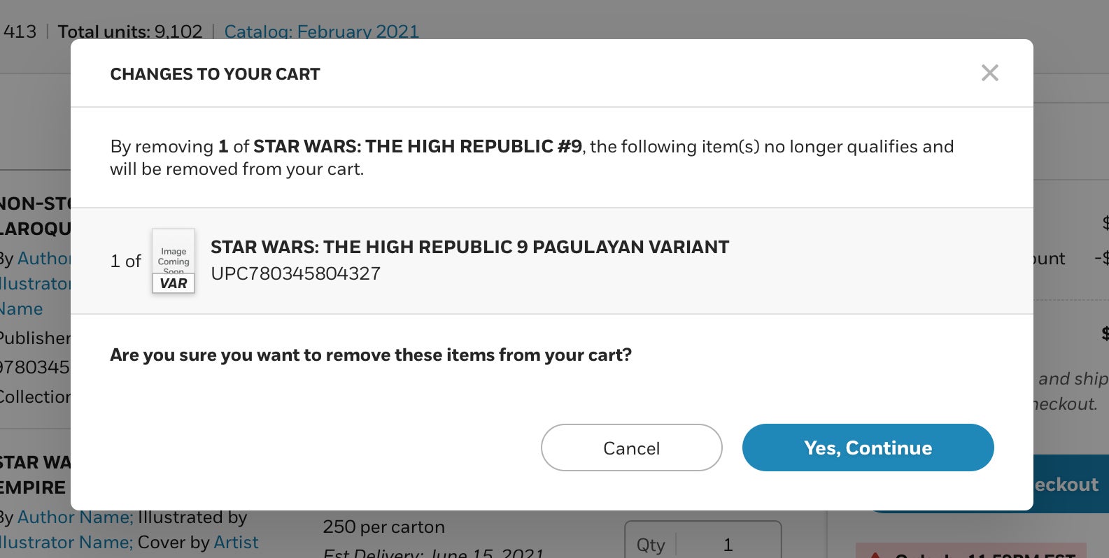 Warning modal user receives after removing items from their cart